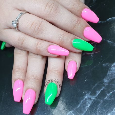 Pink and green neon gel polish on acrylic nails Like Green And Pink Nails, Nail Ideas Pink And Green, Bright Green And Pink Nails, Pink And Green Dip Nails, Neon Pink And Neon Green Nails, Hot Pink And Neon Green Nails, Green And Pink Nails Acrylic, Pastel Pink And Green Nails, Pink And Green Nail Ideas