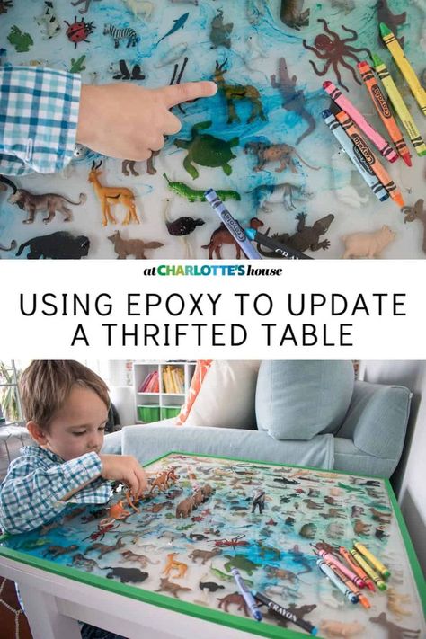 I udated a thrifted table with epoxy and these small plastic animals from Safari, Ltd. It's now a sweet activity table for my kids and they love to interact with the animals that now live in their resin table top. #epoxytable #furnituremakeover #kidstable #resinproject Small Resin Table, Small Epoxy Projects, Epoxy Table Top Diy, Epoxy Resin Table Ideas, Table Lego Diy, Epoxy Table Top Ideas, Thrifted Table, Table Lego, Table With Epoxy