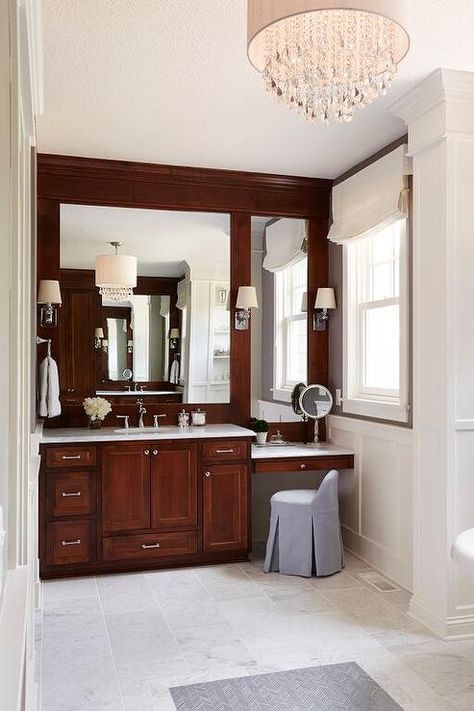 New Classic Interior Design, Vanity With Makeup Area, Vanity With Makeup, New Classic Interior, Best Bathroom Paint Colors, Cherry Wood Cabinets, Wood Floor Bathroom, Bathroom Cabinets Designs, Makeup Area