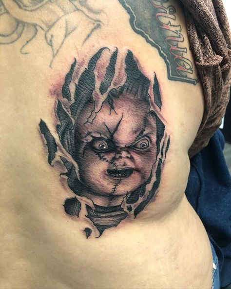 Visit us on Facebook and Instagram at: https://www.facebook.com/rosevilleemerald https://www.instagram.com/emeraldtattooroseville/ Black Crow Tattoos, Chucky Drawing, Crow Tattoos, Chucky Tattoo, Chucky Movies, Horror Movie Tattoos, Gangsta Tattoos, Lion Head Tattoos, Movie Tattoos