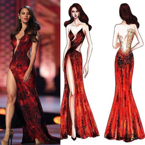 Jessica Rabbit Inspired Dress, Miss Universe Dresses Gowns, Premiere Outfits Red Carpets, Lava Outfit, Fire Inspired Dress, Miss Universe Outfits, Lava Gown, Fire Inspired Outfits, Red Gala Dresses