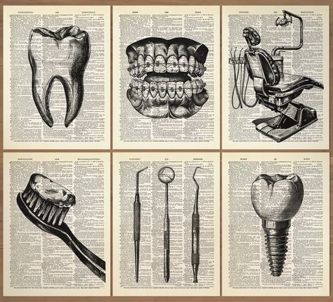 This is a set of Dentistry prints. You will receive the six prints shown above. /Frames not included./   ORIGINAL ARTWORK: - Unique design and concept inspired by timeless images from a bygone era.   DETAILS OF PRINTS: - Printed on heavy, high quality 160 gsm paper. - The measurements of this print is 8" x 10.5". - Prints come with the dictionary text in the background. (If you buy multiple prints, the dictionary text in the background on each page will be different) - Professional print process Dental Art Design, Dental Office Decor Ideas, Dentistry Poster, Dentist Poster, Vintage Dentist, Dental Poster, Dentistry Design, Tooth Art, Dentist Gifts