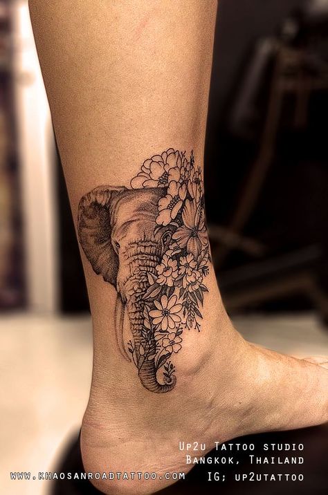 Elephant with flowers Tattoo Elephant With Flowers Tattoo, Best Leg Tattoos For Women, Elephant Foot Tattoo, Elephant With Flowers, Tattoos 2024, Floral Elephant, Elephant Tattoo Design, Hip Tattoos Women, Best Tattoos For Women