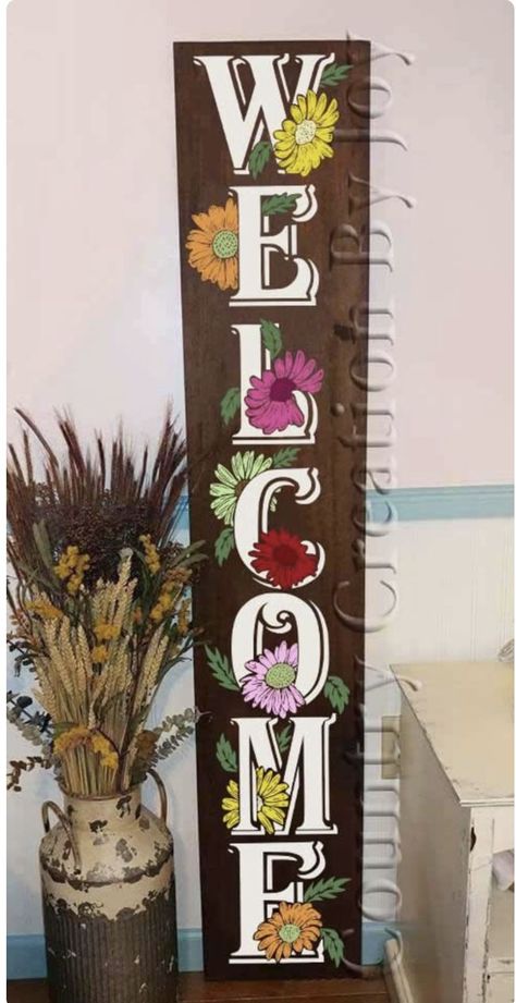 Welcome Sign Porch, Daisy Svg, Plank Art, Welcome Signs Front Door, Door Signs Diy, Stone Art Painting, Wooden Welcome Signs, Front Porch Signs, Porch Welcome Sign