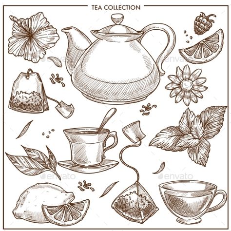 Tea Earl Grey Hot Tattoo, Tea Set Illustration, Drawing Tea Cup, Teapot Drawing Simple, Teapot Drawing Sketches, Green Tea Tattoo, Tea Pot Sketch, Tea Cups Drawing, Green Tea Drawing