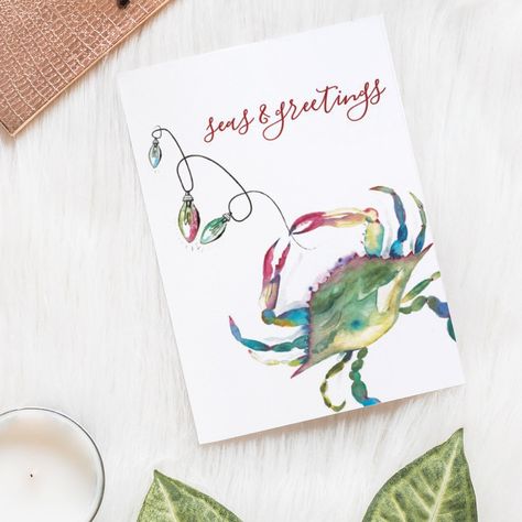 Coastal Watercolor Crab Beach Christmas Holiday Card Blue Crab Watercolor, Tropical Xmas, Christmas Watercolors, Seas And Greetings, Beach Christmas Card, Coastal Watercolor, Simple Holiday Cards, Business Christmas Cards, Beach Cards