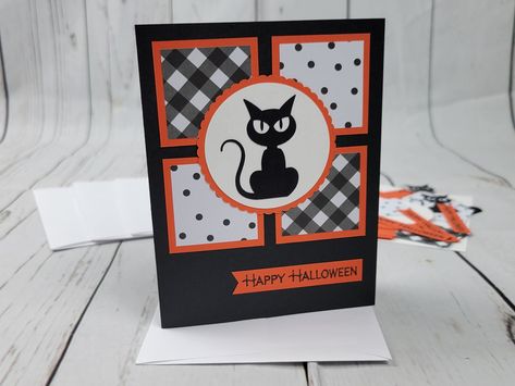 Description: Kit to make four Happy Halloween Cards! -Includes a completed sample card in the design shown in the first photo and enough supplies to make 3 additional cards (as each card is handmade, please allow for slight variations in the patterns) -Blank on the card inside -A2 card size (5.5" x 4.25") -Matching white envelopes included Handmade Design: Each card is made from heavy cardstock.  Multiple techniques are used to create the cards including stamping, punches, paper embossing, die cut shapes, 3D foam, glitter, heat embossing, stencils, and ribbon. Available Cards: I am constantly creating new card designs and listing them for sale.  Keep checking back for updates.  Contact me with any special requests! Packaging: Cards are enclosed in a clear cellophane sleeves (multiple cards Handmade Halloween Cards, Halloween Papercraft, Happy Halloween Cards, Halloween Cards Diy, Fall Cards Handmade, Cards Halloween, Carte Halloween, Halloween Cards Handmade, Pumpkin Cards