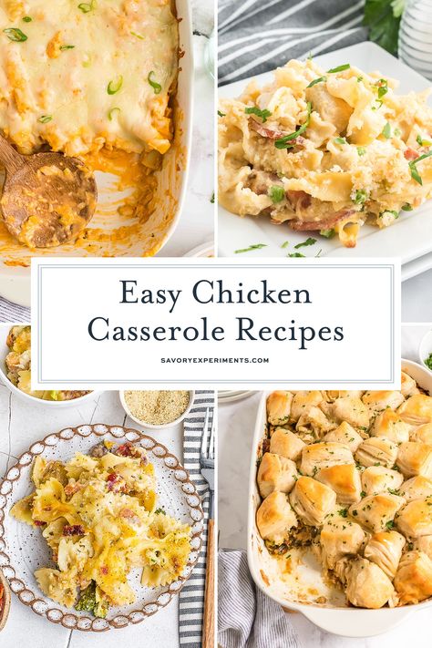 These Chicken Casserole Recipes are a great way to get a comforting dinner on the table quick, and know that the whole family will enjoy it! Chicken Casserole Recipes For Dinner Easy, Casserole Meals, Best Chicken Casserole, Chicken Zucchini Casserole, Chicken Casserole Recipes, Chicken Stuffing Casserole, Chicken Enchilada Casserole Recipe, Easy Chicken Casserole Recipes, Creamy Chicken Casserole