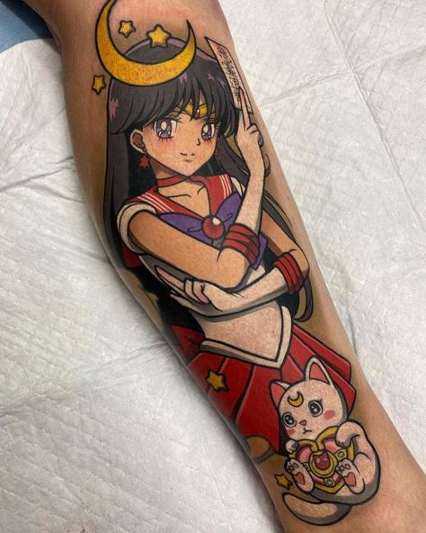 Sailor Mars lower leg tattoo Moon Tattoo Dark, Small Sailor Moon Tattoo Ideas, Sailor Moon Inspired Tattoo, Sailor Mars Tattoo, Sailor Moon Leg Tattoo, Scepter Tattoo, Sailor Moon Panel Tattoo, Sailor Moon Forearm Tattoo, Tattoo Designs With Meaning