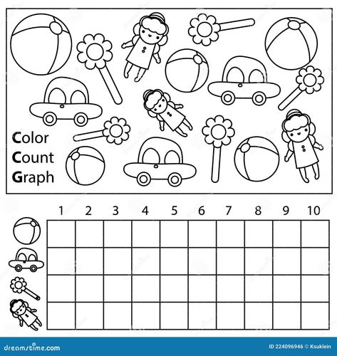 Color, count and graph. Educational children game with toys. Printable worksheet for kids and toddlers. Toys Activities For Kids Worksheets, My Toys Worksheet, Toys Worksheets For Kids, Toys Activities For Kids, Toys Worksheets, Toys Printable, Counting Toys, Pre K Worksheets, Graphing Worksheets