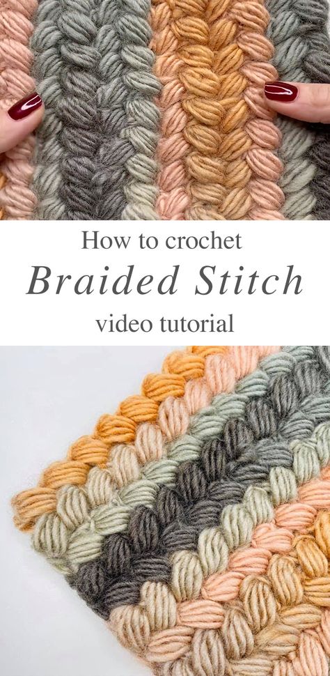 Braided Puff Stitch Crochet Blanket, Multi Strand Crochet, Braided Crochet, Puff Crochet Stitch, Braidless Crochet, Crochet Braid Pattern, Puff Stitch Crochet, Crochet Braid Styles, Crochet Stitches Free