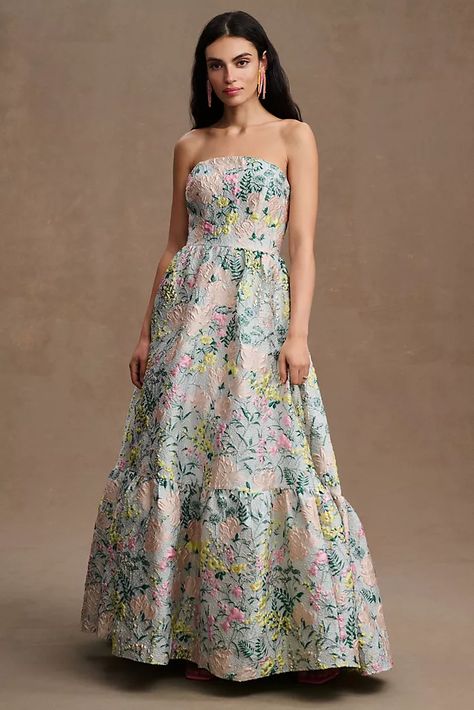 Printed Bridesmaid Dresses, Summer Bridesmaid Dresses, Black Tie Wedding Guests, Strapless Gown, Mac Duggal, A Line Gown, Groom Dress, Wedding Bridesmaid Dresses, Amelie