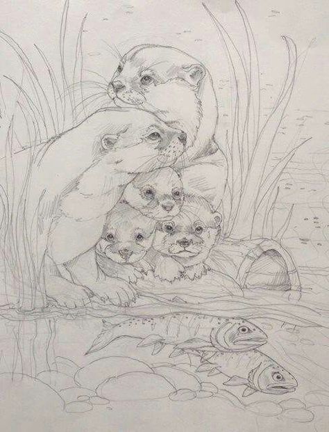 . Drawing Of Otters, Draw An Otter, Otter Reference Drawing, Otter Art Reference, Otter Family Tattoo, Otter Family, Otter Drawing Sketches, Otter Pencil Drawing, Otter Drawing Colored Pencil