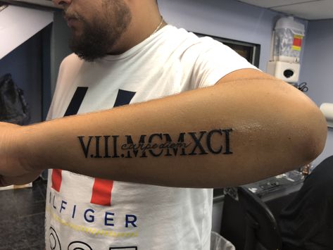 Greek Date Tattoo, Roman Numeral Tattoo Men Arm, Arm Tattoos For Guys Sleeve, Greek Numbers Tattoo, Roman Numeral Tattoo Men Forearm, Date Tattoo Ideas For Men, Roman Date Tattoo, Text Tattoo Arm, Roman Numeral Tattoo Men