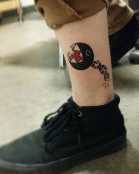 Chain Chomp by Ash Valentine Muse Art Oklahoma City Chomp Chomp Mario, Mario Chomper, Chain Chomp Tattoo, Earthbound Tattoo, Chain Chomp, Mario Tattoo, Chain Tattoo, Nerdy Tattoos, Sibling Tattoos