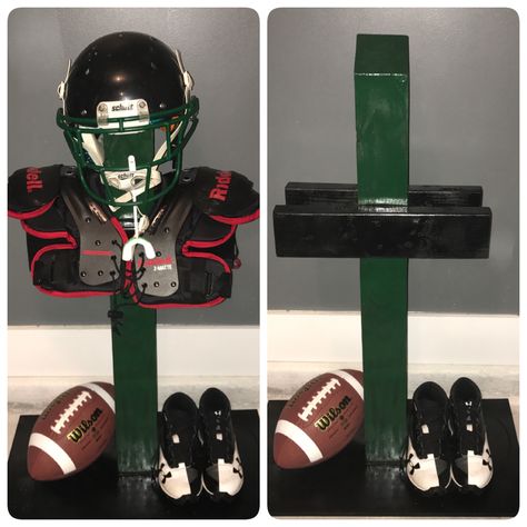 Football Gear Tree Football Gear Organization, Football Equipment Stand, Football Pads And Helmet Storage, Football Equipment Storage Ideas, Football Gear Storage Ideas, Football Storage Ideas, Football Gear Stand Diy, Football Equipment Storage, Football Gear Storage