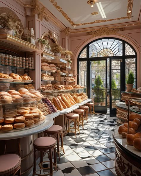 Beautiful Bakery Interior, Luxury Cafe Aesthetic, Fancy Bakery Interior, Cozy Bakery Aesthetic, Pink Bakery Aesthetic, Victorian Bakery, Fantasy Bakery, Cozy Cafe Interior, Cozy Bakery