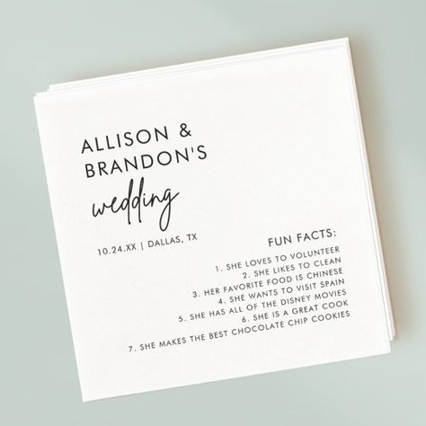 Minimalist Modern Wedding Fun Facts Napkins Fun Facts Napkins, Fun Facts Wedding Napkins, Fun Facts Wedding, Wedding Fun Facts, Minimalist Modern Wedding, Celebration Decorations, Wedding Welcome Gifts, Minimalist Wedding Decor, Sweet Rain