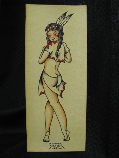 Native pinup Amund Dietzel, Vintage Tattoo Flash, Antique Tattoo, Pin Up Girl Tattoo, Vintage Tattoo Design, Sailor Jerry Tattoos, Traditional Style Tattoo, Pinup Vintage, Western Tattoos