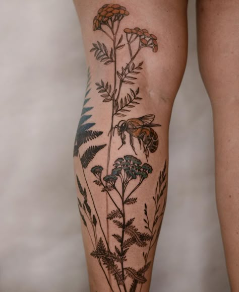 Herb Sleeve Tattoo, Leg Fern Tattoo, Herbalist Tattoo, Leg Garden Tattoo, Lavender Leg Tattoo, Botanical Lavender Tattoo, Lavender And Fern Tattoo, Herbs Tattoo, Artful Tattoos