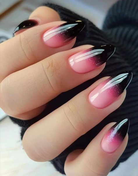 Gel Nails Ideas Short Ombre, Pink To Black Ombre Nails, Pink And Black Ombre Nails, Black Ombre Acrylic Nails, Ombre Nails Color, Starlight Nails, Nail Inspiration Black, Ombre Dip Nails, Bougie Nails