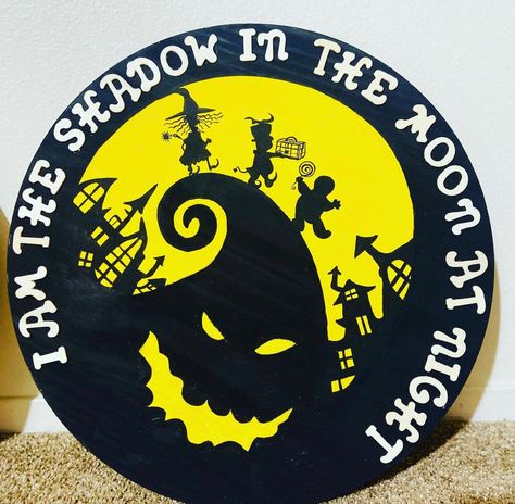 Nightmare Before Christmas Door Hanger, Nightmare Before Christmas Sign, Nightmare Before Christmas Door Sign, Jack Skellington Door Signs, Oogie Boogie Cricut, Round Halloween Signs Diy, Nightmare Before Christmas Wood Signs, Oogie Boogie Door Hanger, Oogie Boogie Burlap Wreath