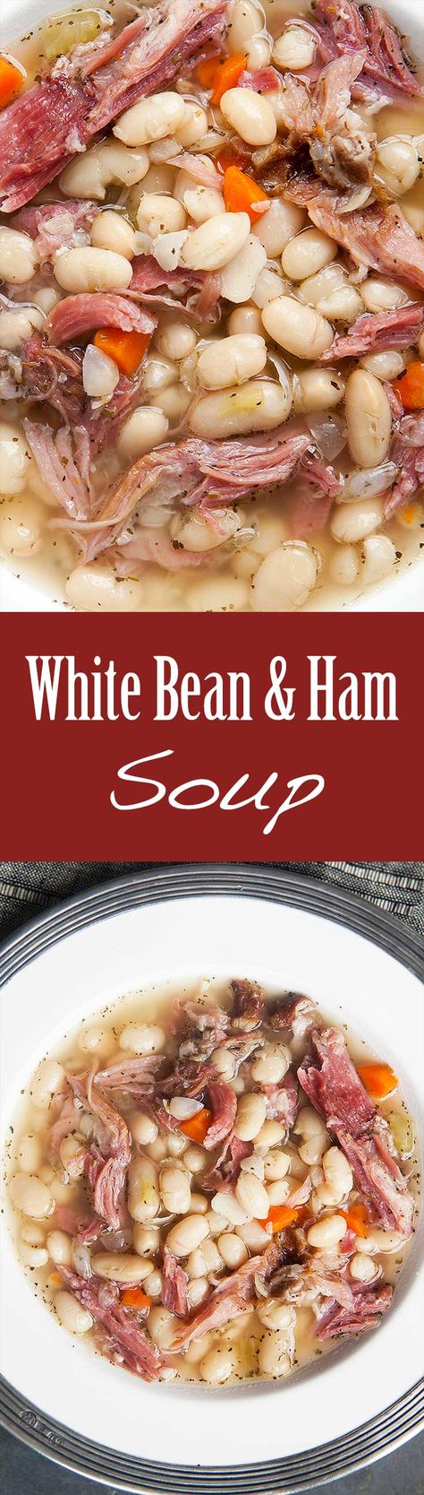 Hearty White Bean + Ham Soup #protein White Bean Ham Soup, White Bean And Ham Soup, White Bean And Ham, Bean And Ham Soup, White Beans And Ham, Soup Hearty, Ham And Bean, Ham Soup, Ham And Beans