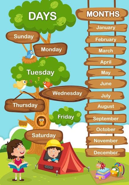 Vector illustration of months and day ve... | Premium Vector #Freepik #vector #cute-calendar #kids-calendar #daily-calendar #month Aktiviti Prasekolah, Classroom Welcome, Classroom Charts, Preschool Classroom Decor, Preschool Colors, School Wall Art, School Painting, Preschool Art Activities, English Lessons For Kids