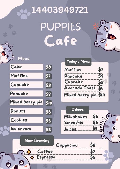 Cat Cafe Bloxburg, Cat Cafe Minecraft, Bloxburg Bakery, Cafe Decal, School Lunch Menu, Decals Bloxburg, Roblox Images, Mixed Berry Pie, Menu Sans Gluten