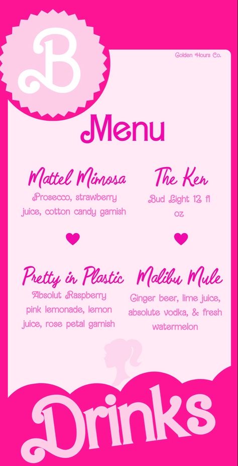 Barbie Dinner Party Food, Barbie Party Appetizers, Adults Barbie Party, Barbie Drinking Game, Barbie Theme Wedding, 40th Barbie Party, Barbie Themed Drinks, Barbie Mimosa, Barbie Galentines