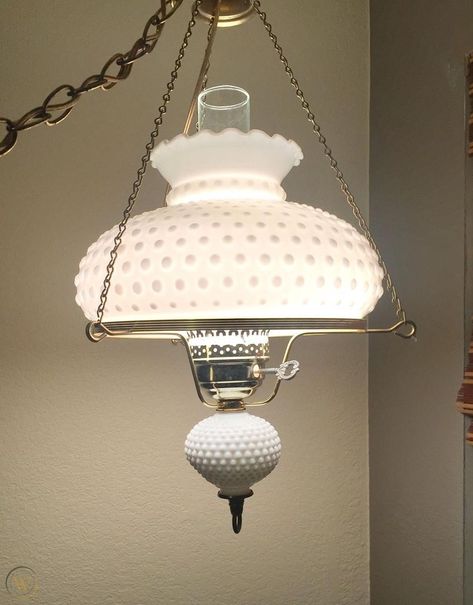 Vintage White Milk Glass Hobnail Hurricane Swag Hanging Lamp Light Fixture | #1859836990 Milk Glass Chandelier Dining Rooms, Milk Glass Hanging Light, Milk Glass Lamp Shade, Glass Chandelier Dining Room, Milk Glass Chandelier, Thrifting Ideas, Milk Glass Decor, Glass Light Fixtures, Glass Hanging Lamp