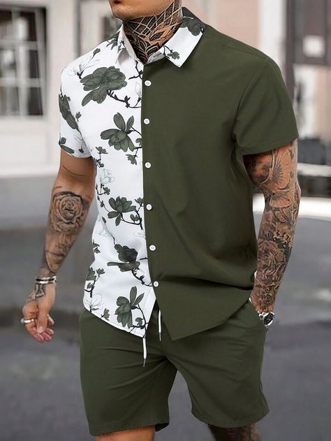 Multicolor Boho Collar Short Sleeve Colorblock,Floral Embellished Slight Stretch Summer Men Clothing Drawstring Waist Shorts, Floral Print Shirt, Co Ords, Men Clothing, Print Shirt, Drawstring Waist, Floral Print, Collar, Tattoos