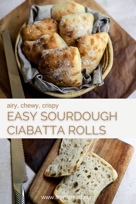 A bowl of sourdough ciabatta rolls on a wooden cutting board with another photo of a sliced pillowy airy ciabatta bread with the words "airy, chewy, crispy easy sourdough ciabatta rolls" in the foreground Ciabatta Rolls Recipe, Sourdough Ciabatta, Ciabatta Bread Recipe, Ciabatta Rolls, Easy Sourdough Bread Recipe, Recipe Using Sourdough Starter, Sourdough Bread Starter, Dough Starter, Sourdough Starter Discard Recipe