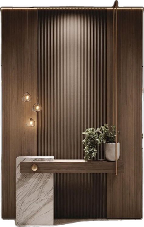 Modern Hallway Entrance, Foyer Wall Paneling Design, Hotel Lobby Interior Design Entrance, Luxury Puja Room Design, Art On Paneled Walls, Lobby Console Design, Entryway Wallpaper Accent Wall, Entry Lobby Design Entrance, Enterance Idea Modern