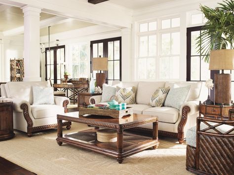 Curled Fern, Tommy Bahama Living Room, Tropical Living Room, Florida Furniture, Furnitur Ruang Keluarga, Bali Hai, Tommy Bahama Home, Tropical Living, Tommy Bahama Furniture