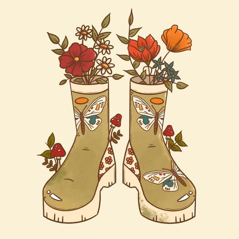 Shanna’s Creations 🍄 on Instagram: “When you leave your rain boots out for several years and fungi starts to grow on them 😩🍄 . . . #procreateillustration #proceate…” Wellies Drawing, Rain Boots Illustration, Rain Boots Drawing, Boot Illustration, Boots Illustration, Vintage Pop Art, Garden Drawing, When You Leave, Page Design