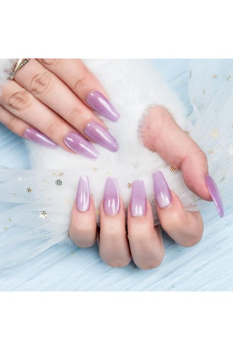 Sun&amp;Beam Nails Handmade Press-On Medium Long Coffin Ballerina with Lavender Purple Cat Eye Design Charm Cute False Nail Tips 10 Pcs (#85 M) Cat Eye Design, Lavender Nails, Purple Cat, False Nail, Eye Design, Lavender Purple, Medium Long, Quince, Nail Tips