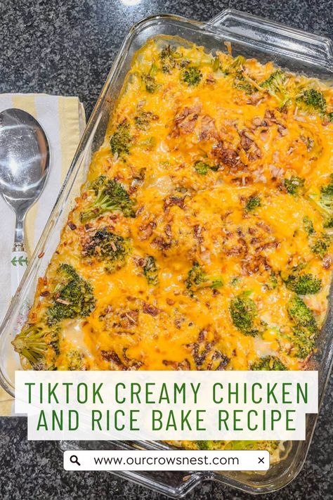 This TikTok Chicken and Rice recipe is so delicious and easy that you’ll want to make this for your family every week!  Juicy chicken breasts, and flavorful rice, topped with an onion seasoning and shredded cheese is the perfect and easiest dinner for weeknights.  Everything is mixed in one baking dish and baked in the oven. Baked Cheesy Chicken And Rice, Chicken And Rice Pan Recipes, Rice And Shredded Chicken Recipes, Rice O Roni Recipes Chicken, Chicken Breast And Rice Recipes Oven, Chicken And Rice Recipes Oven, Dump And Bake Chicken And Rice, Dump And Bake Cheesy Chicken And Rice, Chicken And Rice In The Oven