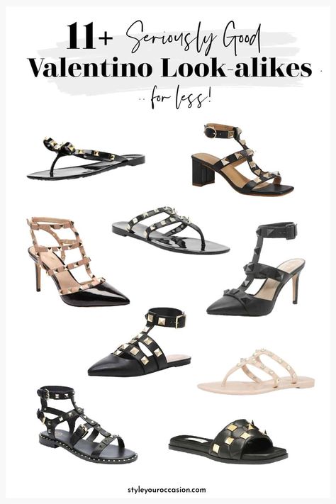 Do you love the Valentino aesthetic, but don't have the budget? Check out this list of 11+ Valentino dupes for the Rockstud and Roman stud heels, sandals, and flats! Whether you love black, pink/nude, brown, or other colors, you can create inspired Valentino shoe outfits that cost way less! Valentino Rockstud Outfit, Block Heel Outfit, Valentino Shoes Outfit, Valentino Aesthetic, Valentino Studded Heels, Heels Work Outfit, Stud Heels, Shoe Outfits, Look Alikes