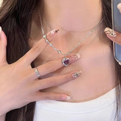 Korea Fashion Trend For Women Teen Cool Heart Pendant Necklace Crystal Awn Star Necklace Trend Heart Cross Necklace, Pink Heart Necklace, Charm Choker Necklace, Crystal Heart Pendant, Trending Necklaces, Star Chain, Zircon Jewelry, Purple Crystal, Environmental Friendly