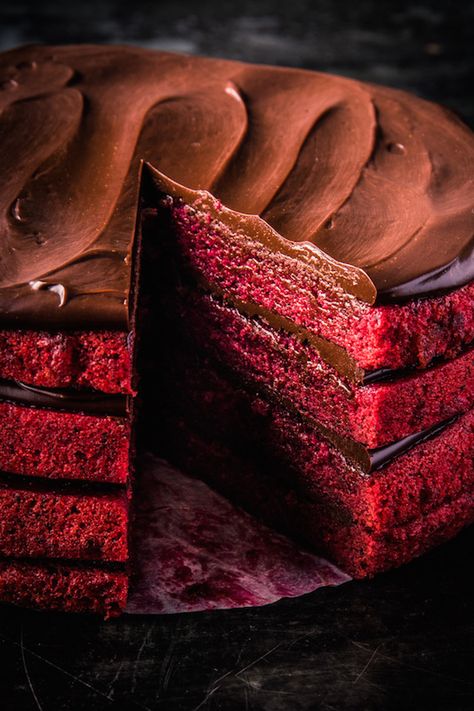 Give classic red velvet an earthy boost with roast, puréed beets in this recipe from Dandelion Chocolate's cookbook, Dandelion Chocolate. Beet Cake Recipe, Beet Cake, Pear And Almond Cake, Caramel Ganache, Dessert Tea, Red Cake, Red Beets, Almond Cakes, Chocolate Caramel