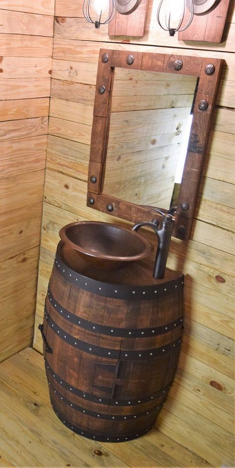 Barrel Bathroom Sink, Barrel Sink Bathroom, Copper Sink Faucet, Rustic Cabin Bathroom, Barrel Sink, Cabin Bathroom, Barrel Projects, Wine Barrel Furniture, Bathroom Faucets Waterfall