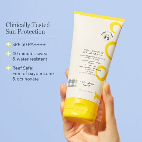 Hello Sunshine SPF 50 PA ++++ is our first clinically proven, better-aging sunscreen for face and body! Say goodbye to greasy, old-school sunscreens with this broad-spectrum, spreadable formula that goes on sheer and is safe for sensitive skin. Made with goat milk, ceramides, and squalane to strengthen the skin barrier, and enriched with the world’s most powerful antioxidant, chebula fruit, to help protect against accelerated aging caused by the sun. Benefits: Provides daily defense with SPF 50 Sunscreen Advertisement, Sunscreen Ads, Sun Benefits, Sunscreen Packaging, Sunscreen Product, Sunscreen For Face, Whipped Body Cream, Orange Blossom Honey, Beekman 1802