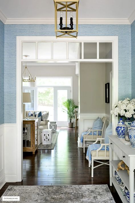 SUMMER ENTRYWAY DECOR + NEW WALLPAPER! | CitrineLiving Wallpaper With Blue Walls, Blue Faux Grasscloth Wallpaper, Blue Grasscloth Wallpaper Dining Room, Blue Grass Cloth Wallpaper Dining Room, Grasscloth Entryway, Grasscloth Wallpaper Entryway, Welcoming Wallpaper, Wallpaper Entryway Ideas, Blue Grass Cloth Wallpaper