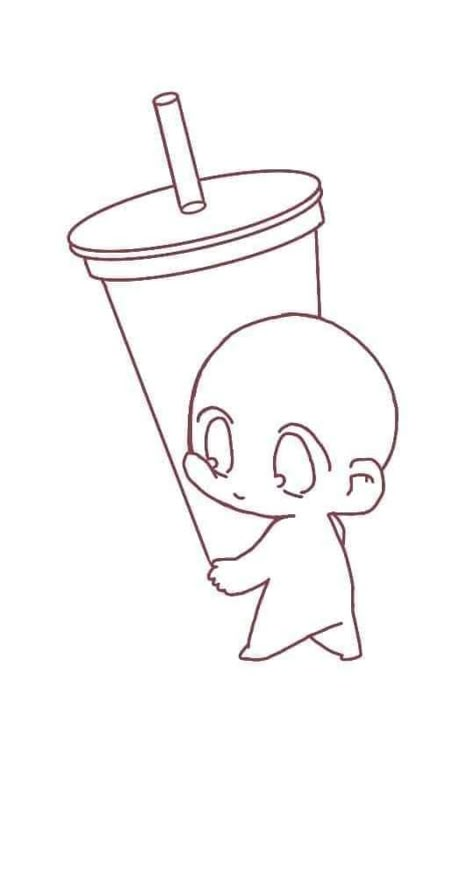 Holding A Drink Pose Drawing, Cupcake Drawing Reference, Drinking Boba Pose Reference Drawing, Drinking Soda Pose Drawing, Chibi Drinking Pose, Chibi Eating Pose Reference, Chibi Running Pose, Chibi Standing Pose, Boba Sketch