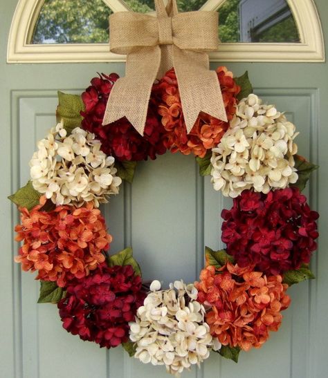 Hydrangea Door Wreath, Fall Hydrangea Wreath, Fall Decor Wreaths, Fall Hydrangea, Flower Colors, Fall Door Decorations, Door Wreaths Fall, Fall Thanksgiving Decor, Fall Deco