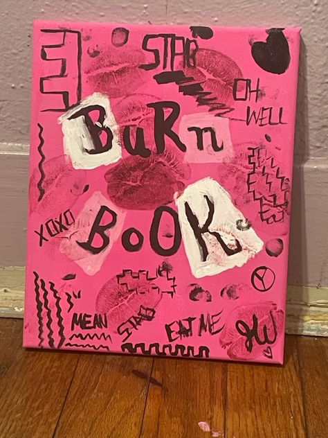 black girl paintings, mean girls, paintings #meangirls #aesthetic #paintingartideas pink #pink Easy Paintings Pink Background, Burn Book Canvas Painting, Burn Book Painting, Y2k Aesthetic Paintings, Painting Ideas Pink Background, Mean Girls Drawing, Paintings Y2k, Y2k Painting Ideas Easy, Painting Ideas Y2k