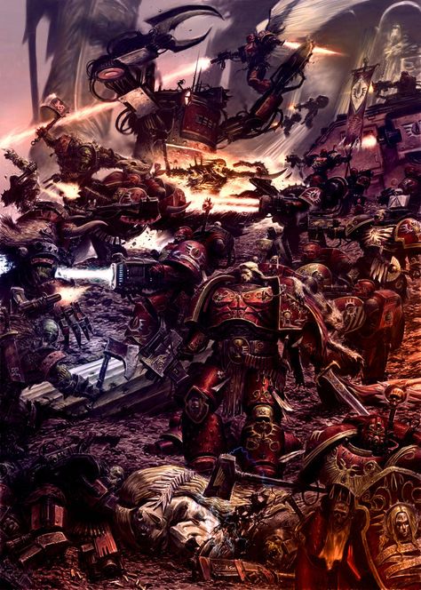 Thought I'd give a proper send off to my string of BAngels pics with this colorization of the fellows in an epic battle. This is the first colorization I've done that took multiple sessions and is ... Warhammer 40k Blood Angels, Grim Dark, 40k Warhammer, 40k Art, Apocalypse Art, 40k Artwork, Warhammer 40k Art, Warhammer 30k, Warhammer Art