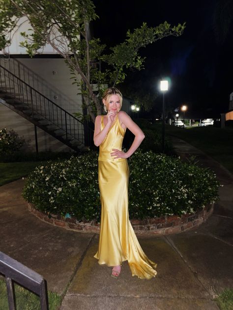 Yellow Dress Aesthetic Prom, Yellow Silk Dress Aesthetic, Yellow Prom Dress Silk, Yellow Prom Dress Aesthetic, Yellow Silk Prom Dress, Yellow Night Dress, Silk Dress Aesthetic, Pinned Hair, Prom Dress Aesthetic