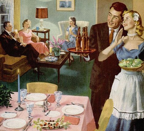 ‘The Bride’s First Dinner Party’, artwork by Ray Prohaska, 1952 Couple At Dinner, Vintage Housewife, Retro Housewife, Deco Retro, Retro Ads, Vintage Beer, Photo Vintage, Vintage Life, The Good Old Days